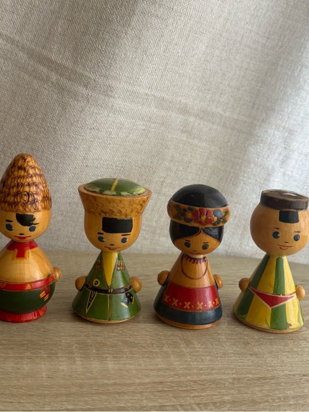 Vintage USSR Wooden Folk Art Figurines Set 4 Hand Painted Soviet Dolls Cold War